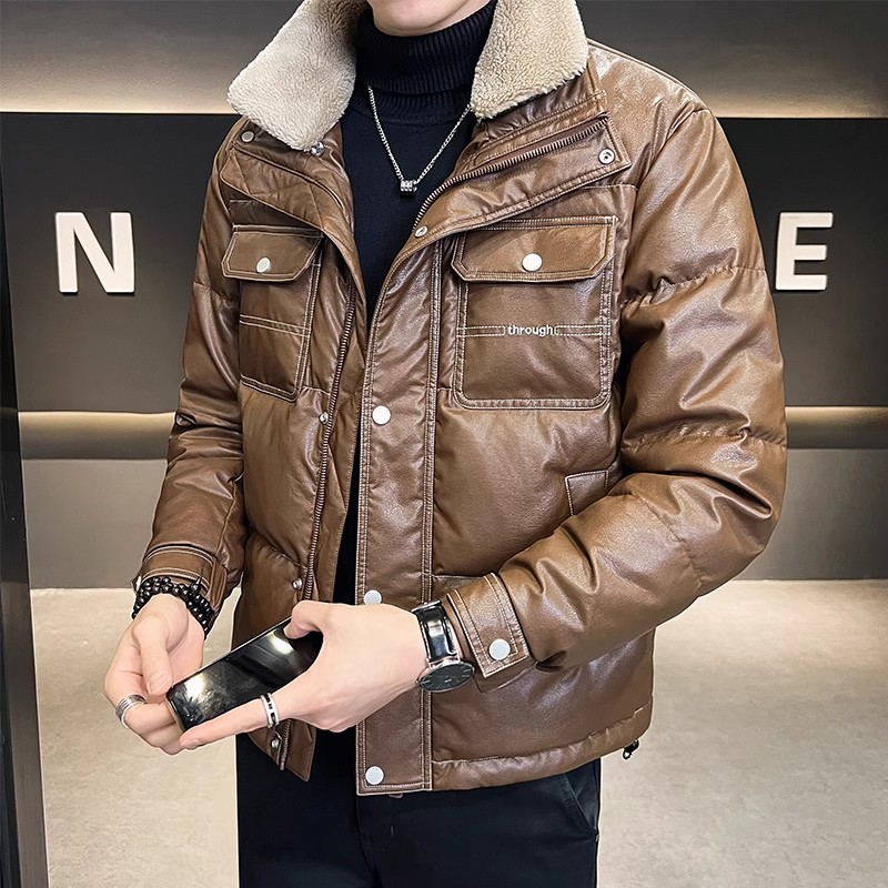 潮牌皮羽绒服男士短款冬季2025新款加厚保暖帅气羊羔毛领外套男装