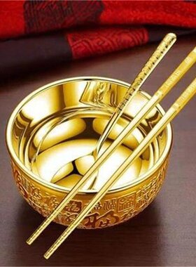 【捡漏价】金色大号碗筷三件套筷子勺子摆件镀金家用食用餐具套装