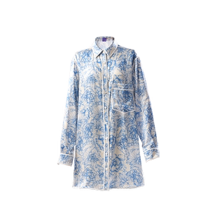 soie jardin3#蓝牡丹印花oversize真丝重工滚边家居可外穿衬衫裙