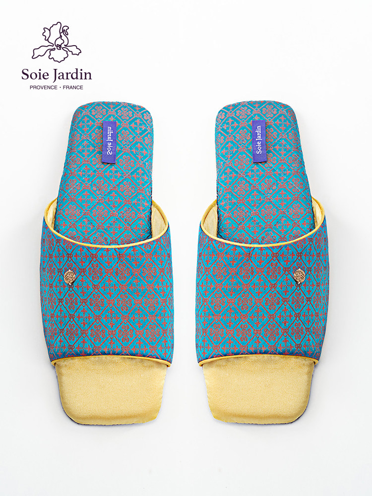 7#soiejardin系列 鸢尾符方头真丝印花提花家居露趾拖鞋,居家布艺,居家凉拖/凉鞋,淘宝优惠券,粉丝福利购,淘宝优惠卷