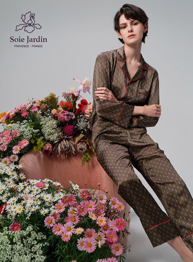 soie jardin3#心动鸢尾情侣系列真丝长袖套装丝绸桑蚕丝家居服