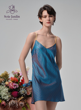 soie jardin3#新款双色真丝色织提花复古鸢尾符家居珍珠吊带裙