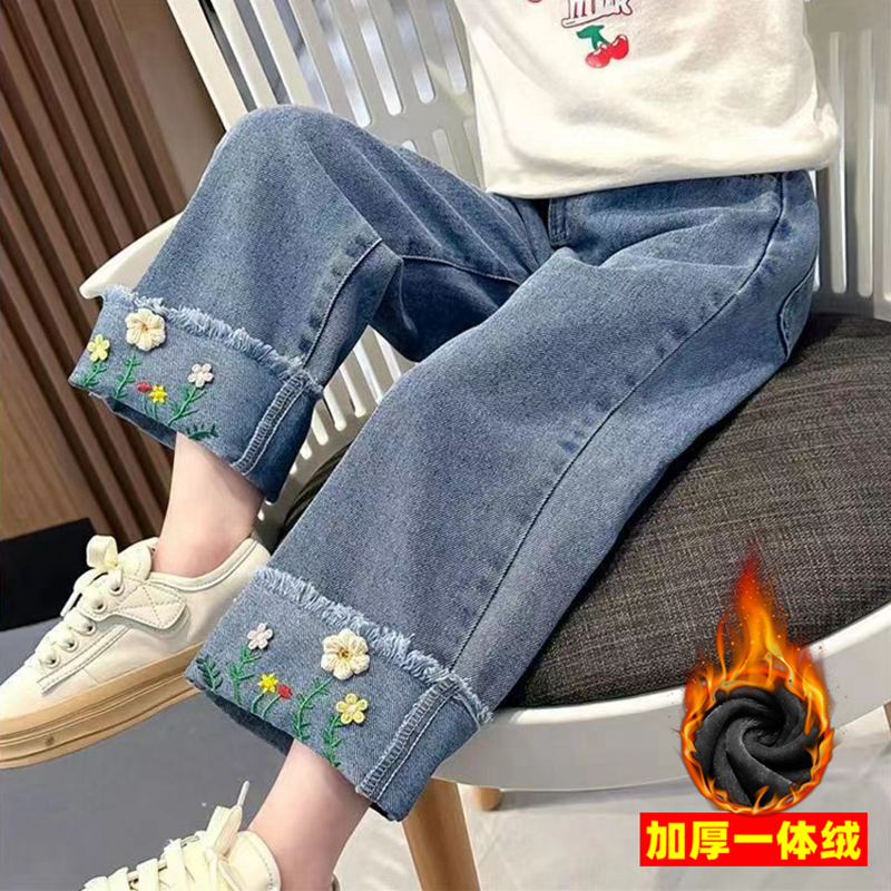 女童加绒阔腿牛仔裤2024冬儿童加厚宽松休闲中小童宝宝时髦直筒裤