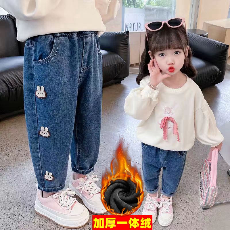女童加绒加厚弹力一体绒牛仔裤