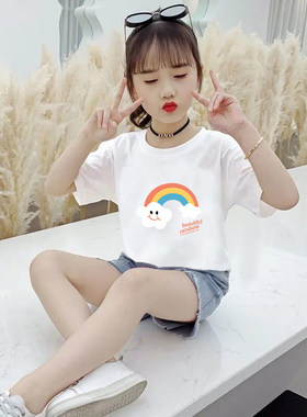 白色新款半袖中大童小女孩t恤