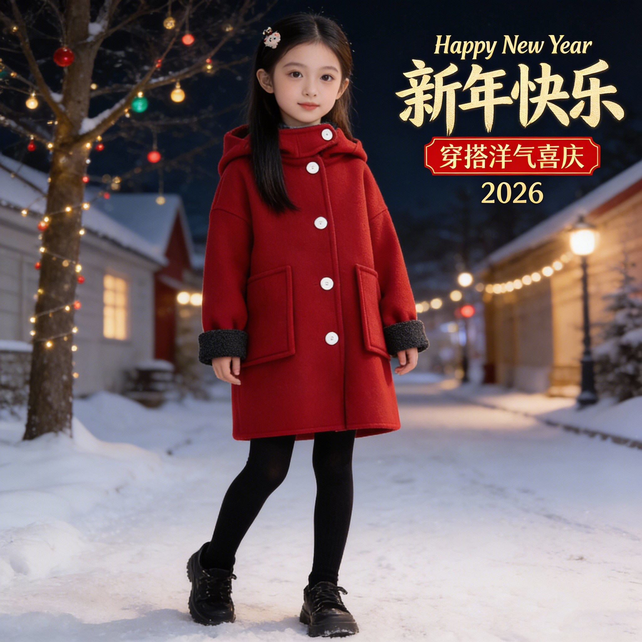 红色女童外套冬装2026新款中大童儿童拜年服小女孩加绒毛呢子大衣