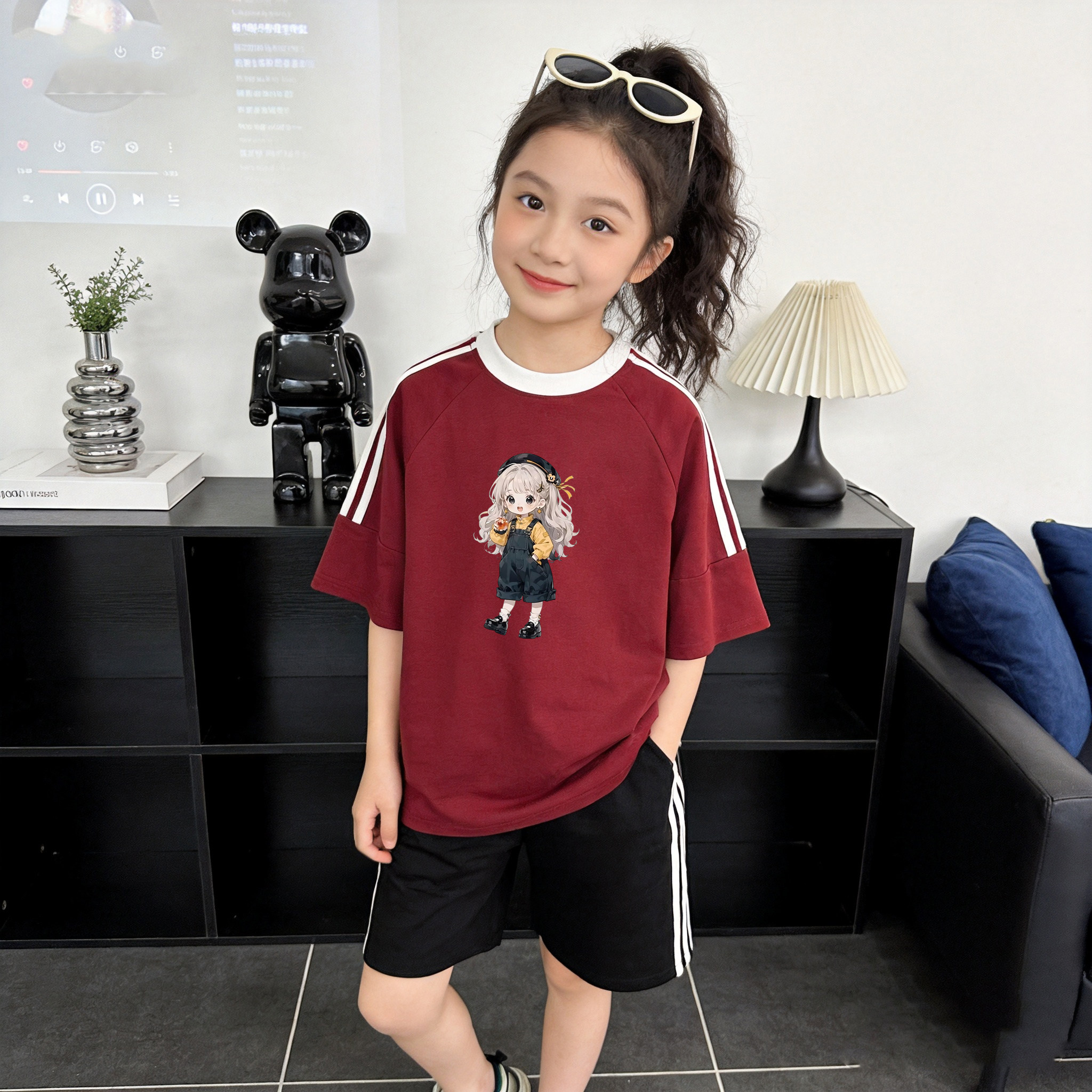 中大童纯棉休闲服夏装儿童t恤女童夏季短袖体恤全棉上衣小孩衣服