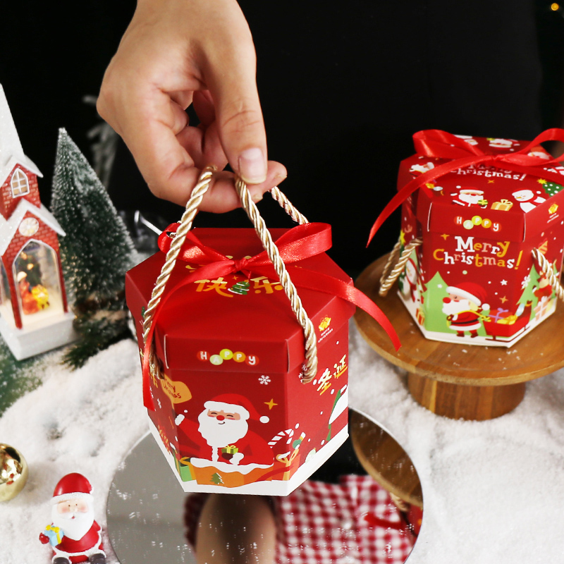 新款圣诞节礼盒平安夜苹果盒创意六角形方形苹果手提包装盒礼品盒