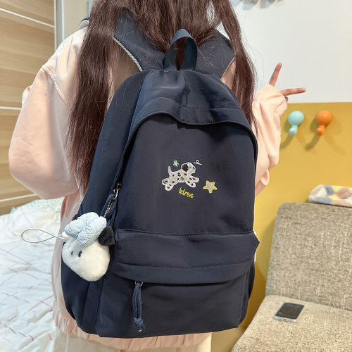 路可斯威韩系软妹风小狗刺绣双肩包女简约初中高中大学生通勤书包