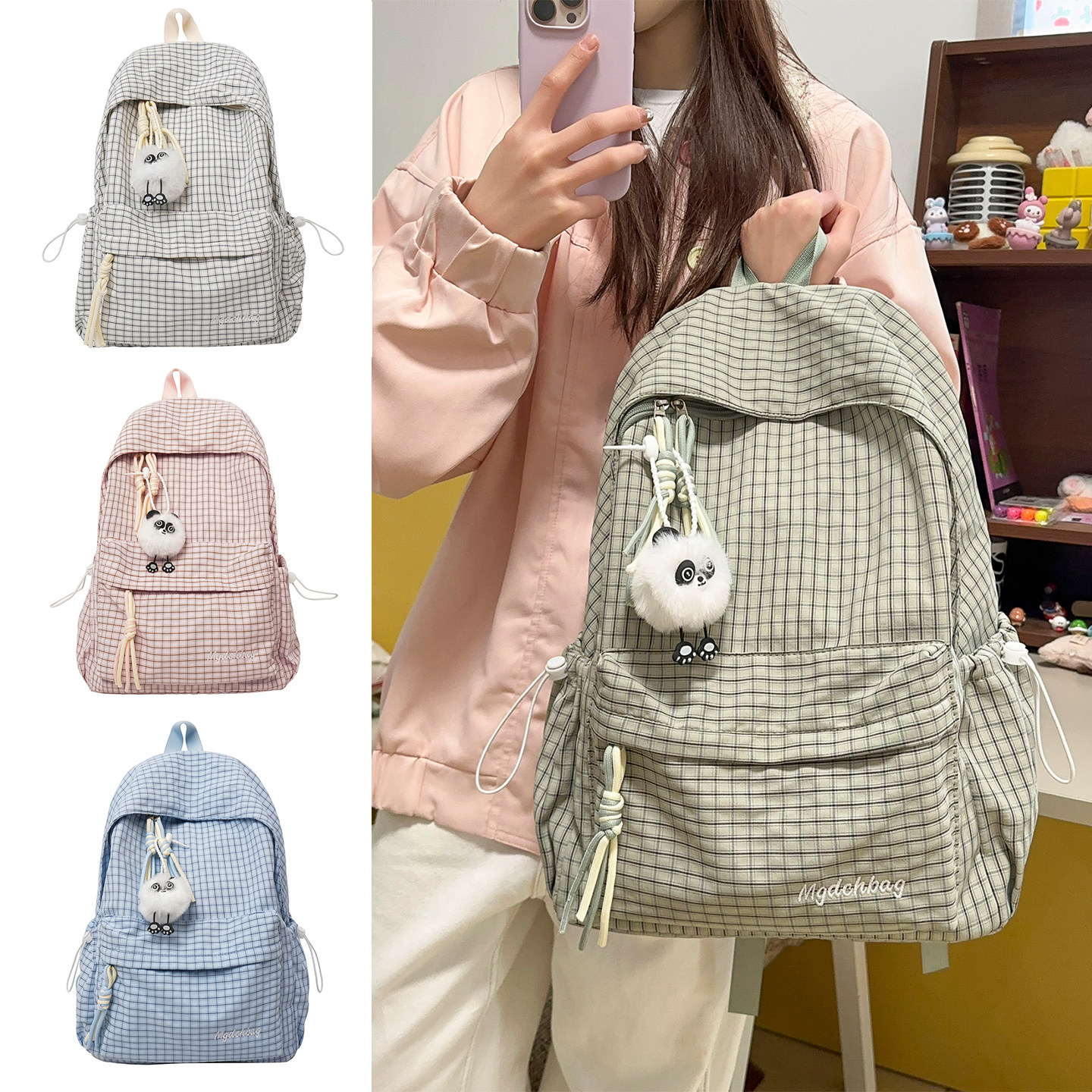 路可斯威日系格子书包女大学生简约小清新轻便休闲通勤背包双肩包