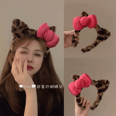 豹纹猫耳朵蝴蝶结发箍女2025新款