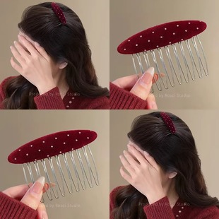 复古波点丝绒倒插梳碎发整理发梳女无痕刘海发夹子秋冬高颅顶头饰