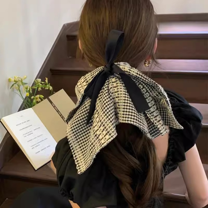 高级感黑白格纹蝴蝶结方巾发绳女