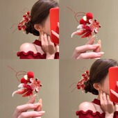 新中式 国风红色锦鲤毛球发簪女2026新款 高级感侧边发钗子过年头饰