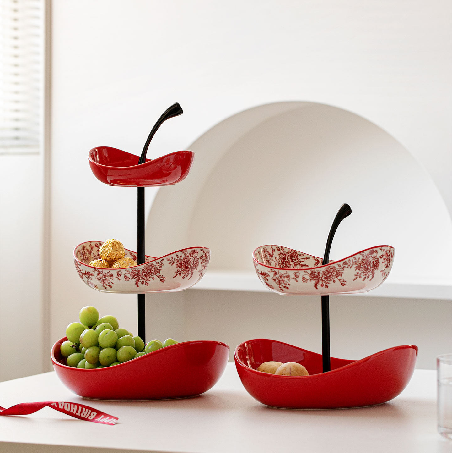 红色双层水果盘陶瓷果篓家用零食盘送礼摆件客厅茶几家用2025新款