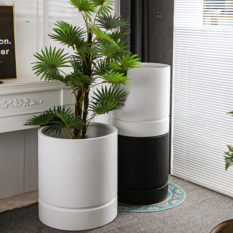 北欧极简镁泥花盆圆柱形家居软装客厅阳台侘寂风落地大号花盆
