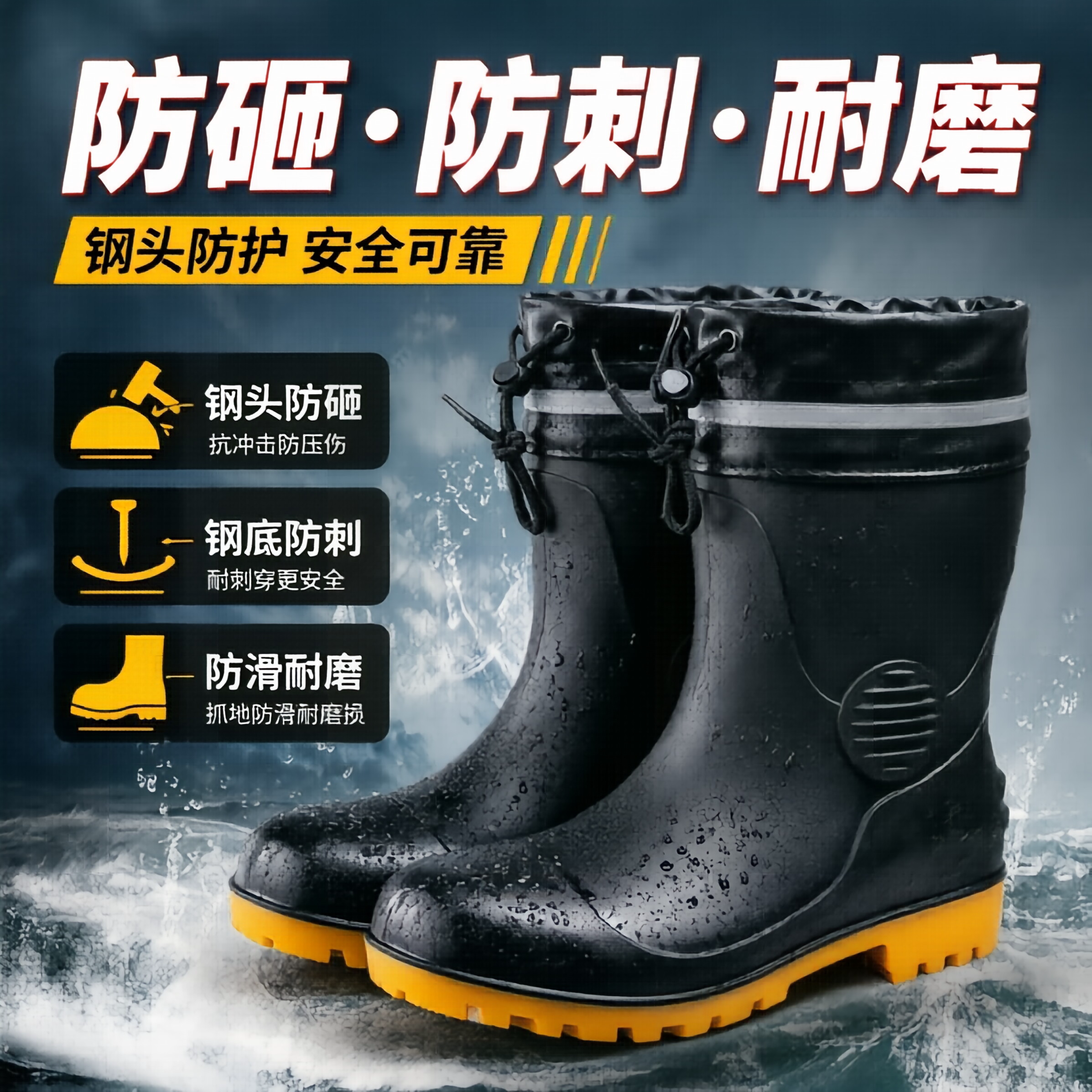 钢头钢底防滑水鞋耐油耐酸碱雨靴图片