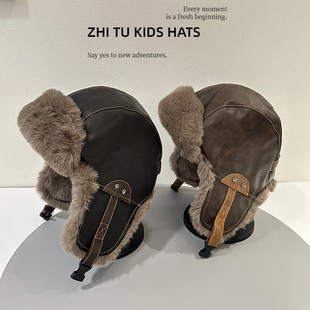 中大童皮质复古雷锋帽儿童冬季加绒加厚保暖护耳户外防寒雪地帽子