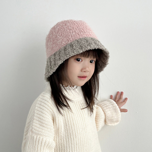 韩国ins儿童帽子秋冬针织拼色宝宝渔夫帽男孩女孩百搭水桶盆帽潮