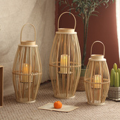 北欧简约禅意 中式 手工原木烛台藤编落地风灯摆件民宿酒店装 饰日式