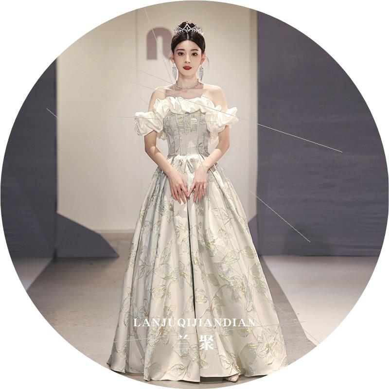 源头法式2023晚礼服新款宴会主持人肩一字连衣裙小众高级感艺考成