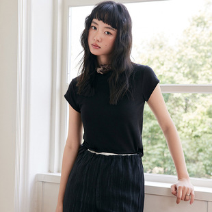 2025新款 夏季 连袖 天丝羊毛短袖 纯色舒适上衣 t恤女圆领设计感修身