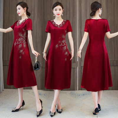 妈妈婚宴礼服裙夏装年轻喜庆喜婆婆结婚宴会红色旗袍夏季改良