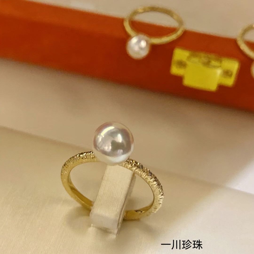 日本海水AKOYA珍珠戒指18K金拉丝工艺手饰极光无瑕品质指环通勤款