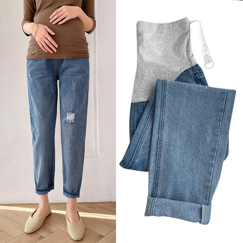 孕妇牛仔裤女春装2022年新款宽松大码哈伦萝卜老爹裤子春秋季外穿
