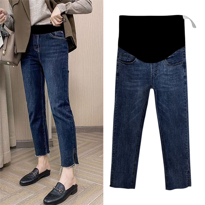 孕妇裤子春秋款外穿时尚直筒弹力牛仔裤冬季加绒深蓝色托腹裤秋冬