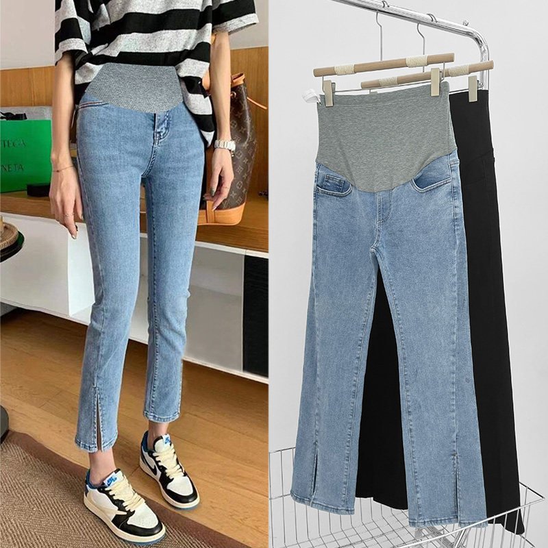 孕妇裤子春秋薄款时尚款开叉孕妇牛仔裤夏季蓝色微喇叭九分裤外穿