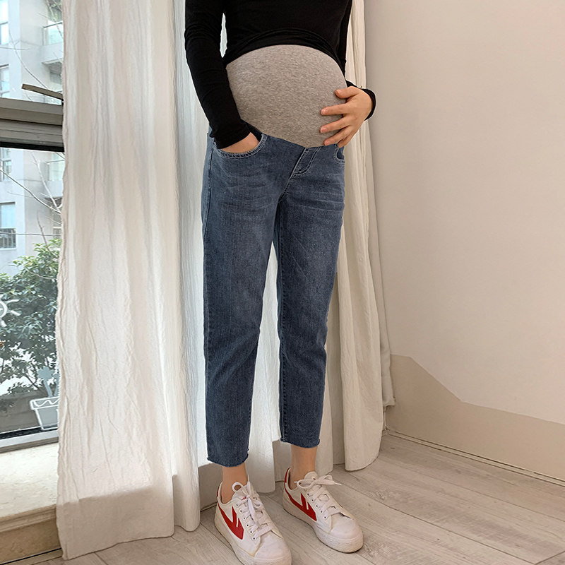 孕妇裤子春秋外穿时尚潮妈直筒牛仔裤春季宽松九分孕妇哈伦裤春装
