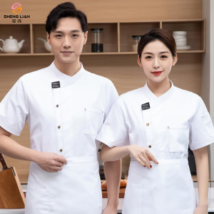 食堂西餐厅餐饮西点烘焙师傅厨房服大码 白色厨师工作服短袖 女夏季