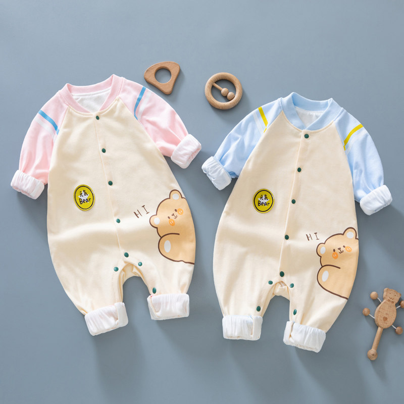 春秋婴儿长袖连体衣双层6个月1岁男女宝宝纯棉哈衣新生儿衣服春装