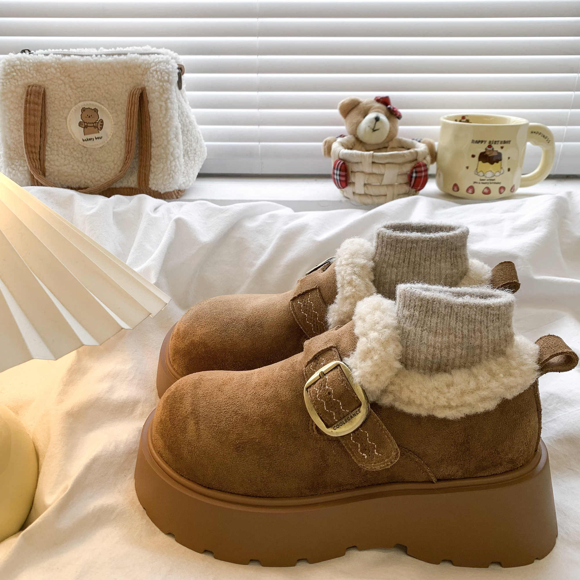 覆古厚底毛毛勃肯鞋加绒雪地靴女2025新款秋冬外穿保暖乐福棉鞋子