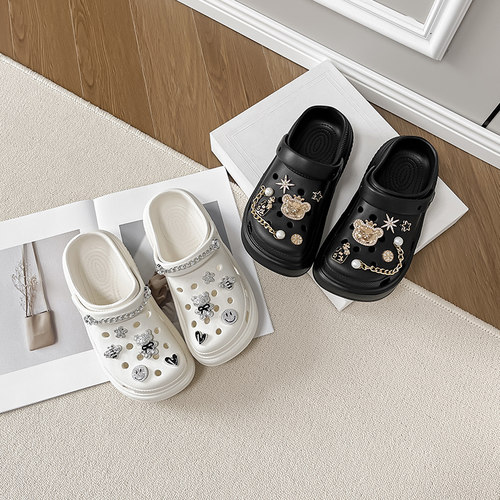 一三良品2025夏季新款小码3332黑色白色厚底显高透气洞洞鞋可外穿