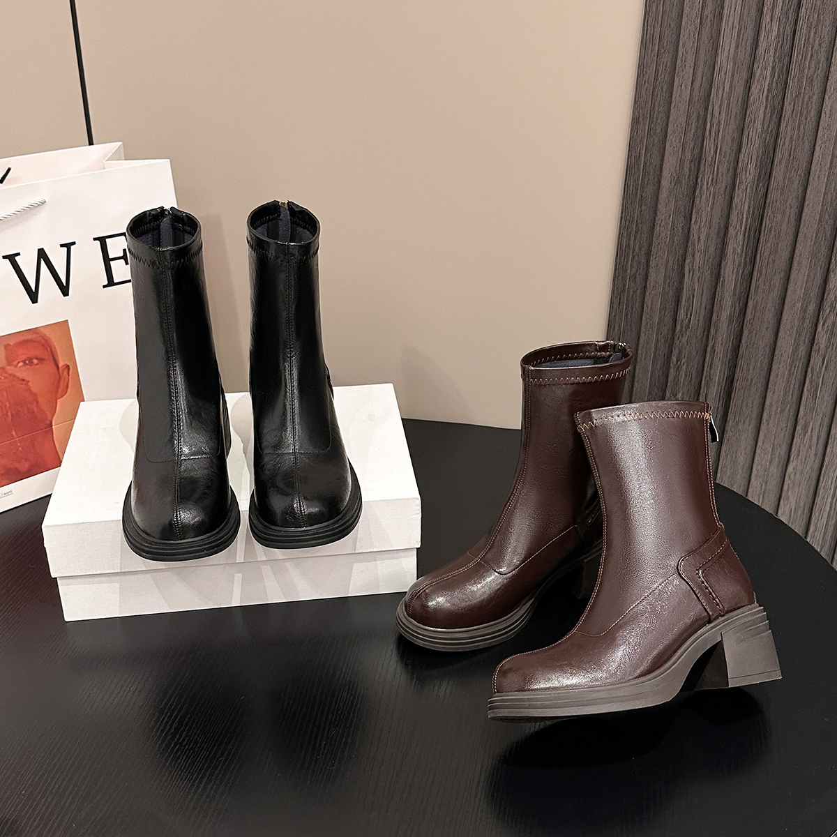 隐形增高小码3334马丁靴2025新款棕色黑色厚底小个子皮面瘦瘦短靴