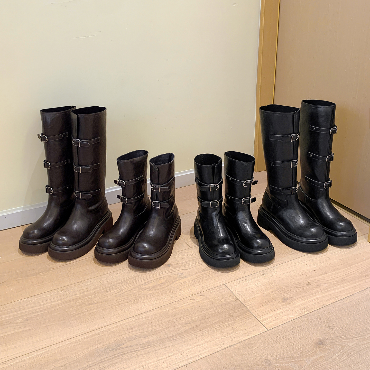 一三良品秋冬厚底6cm机车靴女皮面长短靴不过膝小个子百搭骑士靴