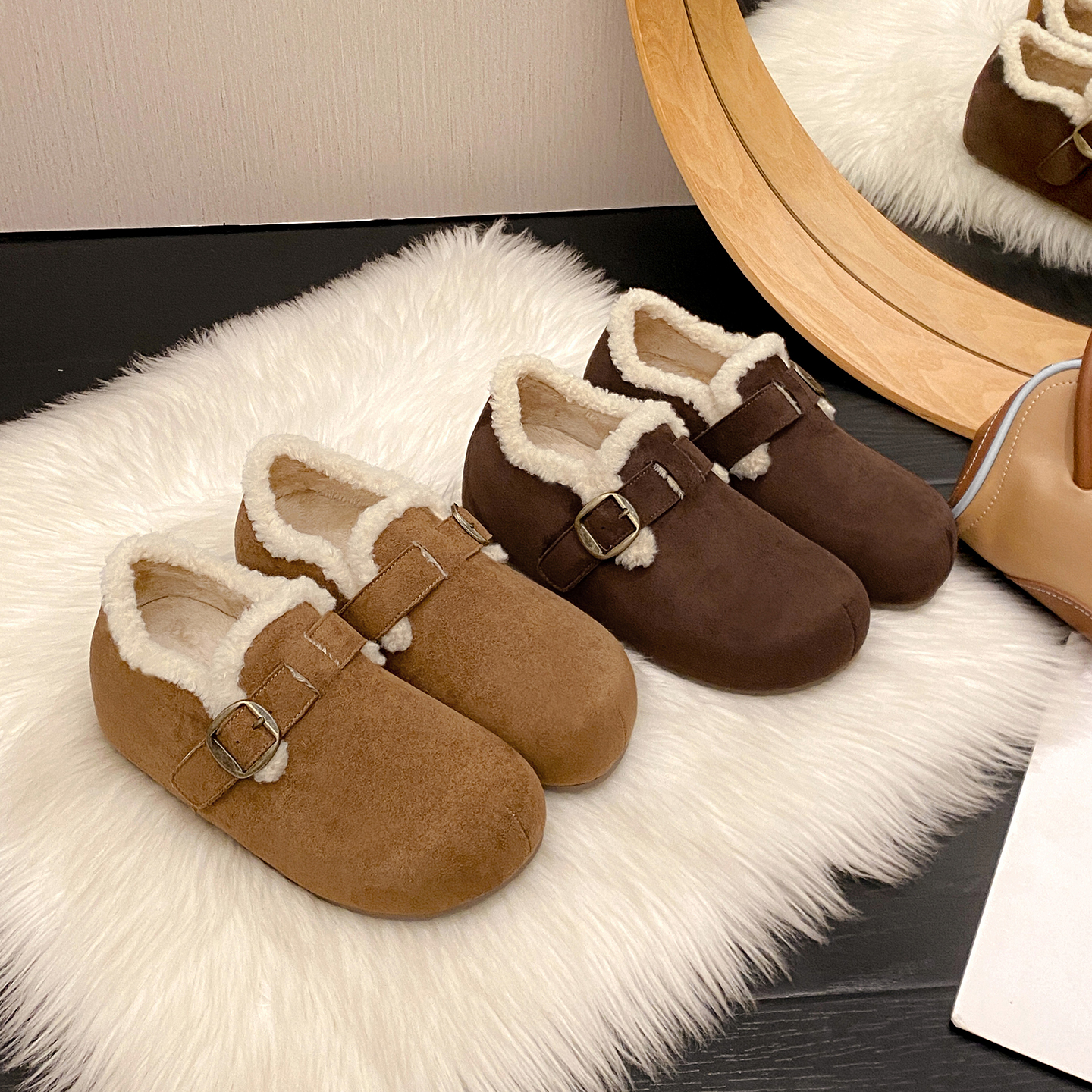 一三良品秋冬露思同款加绒勃肯鞋小码33一脚蹬反绒保暖懒人毛毛鞋
