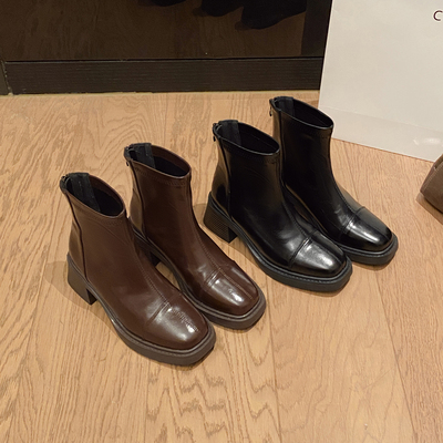 小码3233女靴粗跟后拉链棕色黑色复古短靴2025小方头韩版舒适皮靴