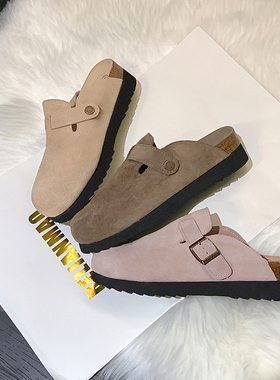 一三良品冬季新款真皮勃肯厚底boken半拖鞋网红加绒包头毛毛拖女