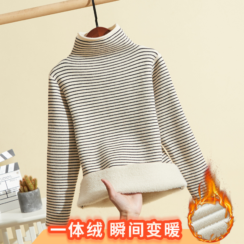 女童毛衣儿童2020秋冬新款套头条纹一体绒加绒加厚中大童女孩洋气
