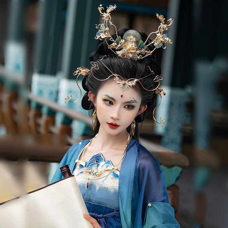 古风汉服原创【千里江山系列】贝壳发冠额饰璎珞发饰全套汉服配饰