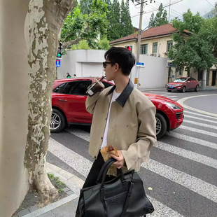 美式 夹克上衣潮 复古翻领拼色做旧宽松休闲外套春秋男女百搭工装
