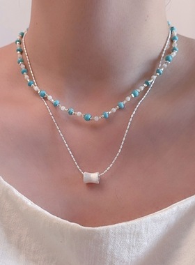 绿松石串珠拉丝圆柱吊坠项链女轻奢小众高级感双层叠戴锁骨链颈链