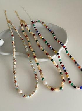 彩色天然石珍珠串珠项链设计感小众复古个性简约百搭颈链锁骨链