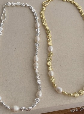 高级设计感小众不规则淡水珍珠项链女简约百搭金属拼接锁骨链配饰