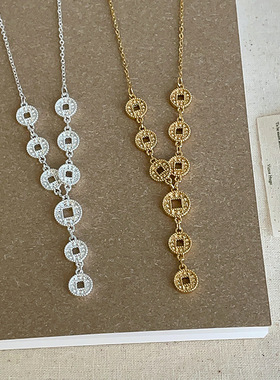 新中式招财纳福钱币流苏项链女古法轻奢时尚潮流百搭颈链锁骨链