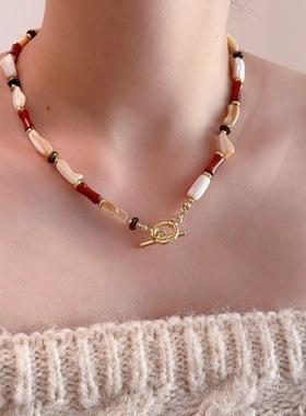 法式复古高级感气质混搭不规则天然贝壳串珠OT扣项链锁骨链颈饰品