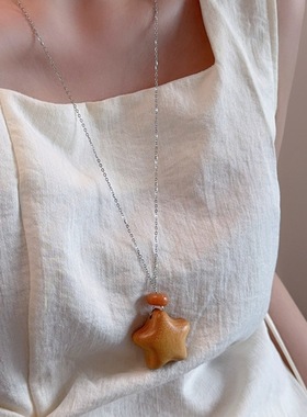 波西米亚复古木雕立体星星吊坠项链女轻奢小众高级感气质锁骨颈链